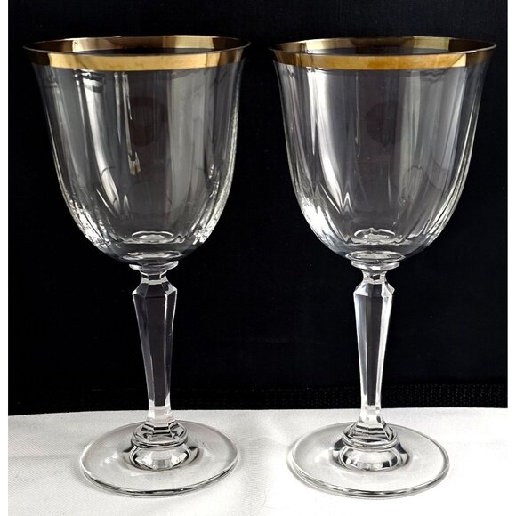Crown Crystal Cape Cod Gold Rim Goblets 7.5" optic 24% leaded glasses 1970s 2pc - Picture 1 of 10